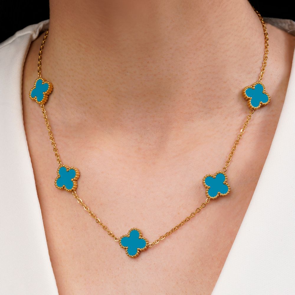 تصویر گردنبند ونکلیف آبی طلایی استیل 304