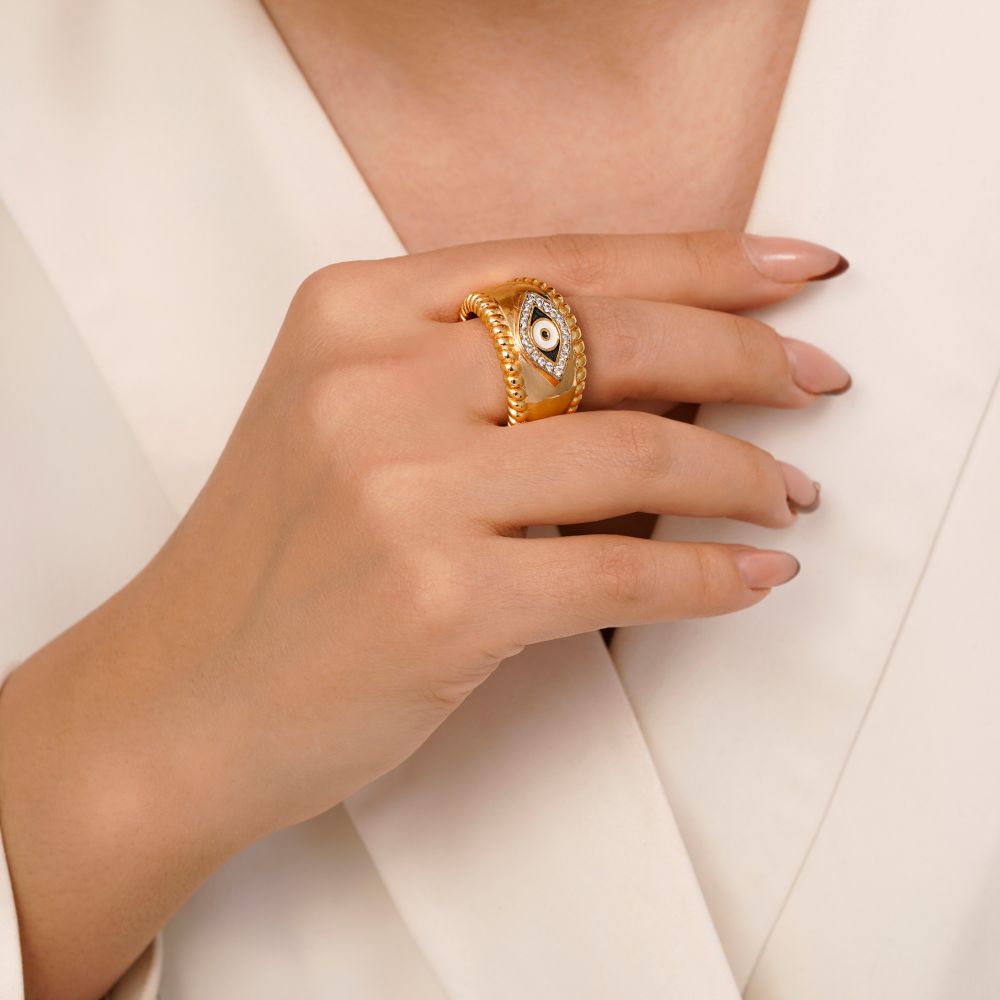 تصویر انگشتر طرح دار تیتانیوم طلایی