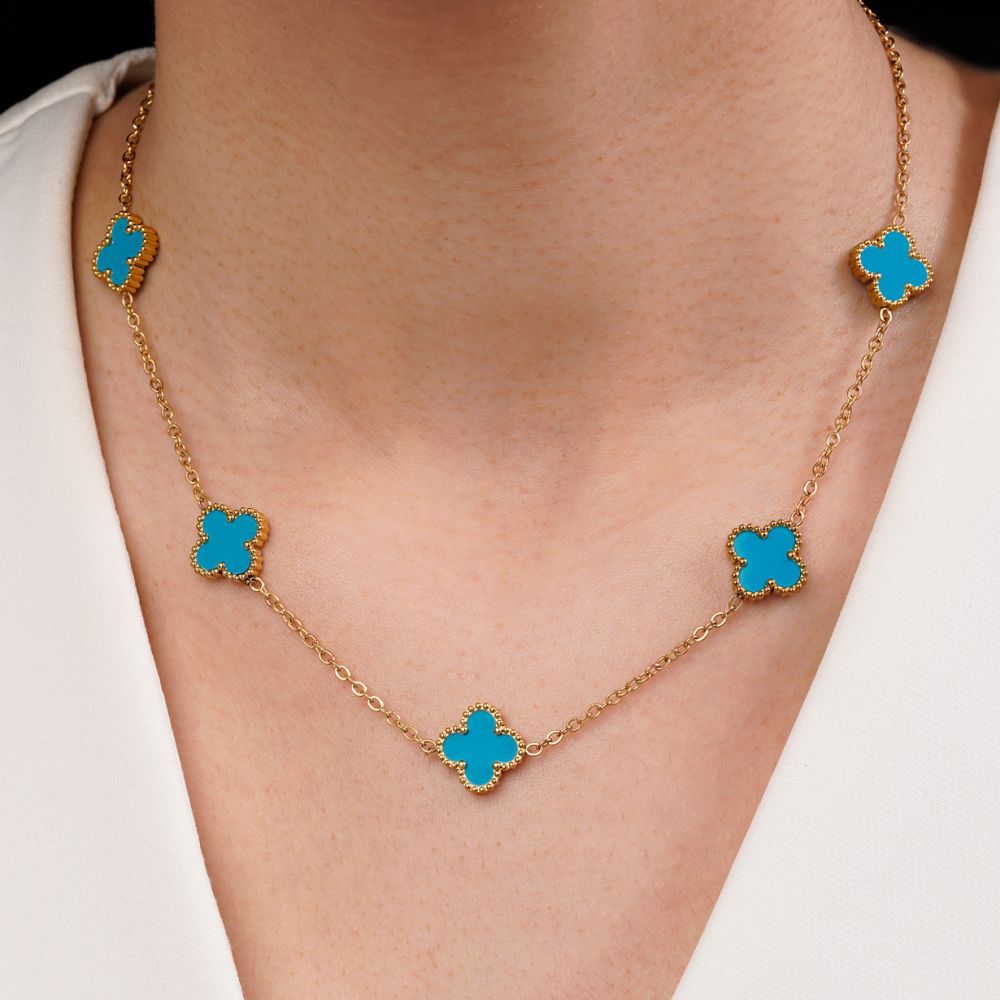 تصویر گردنبند ونکلیف آبی طلایی استیل 304