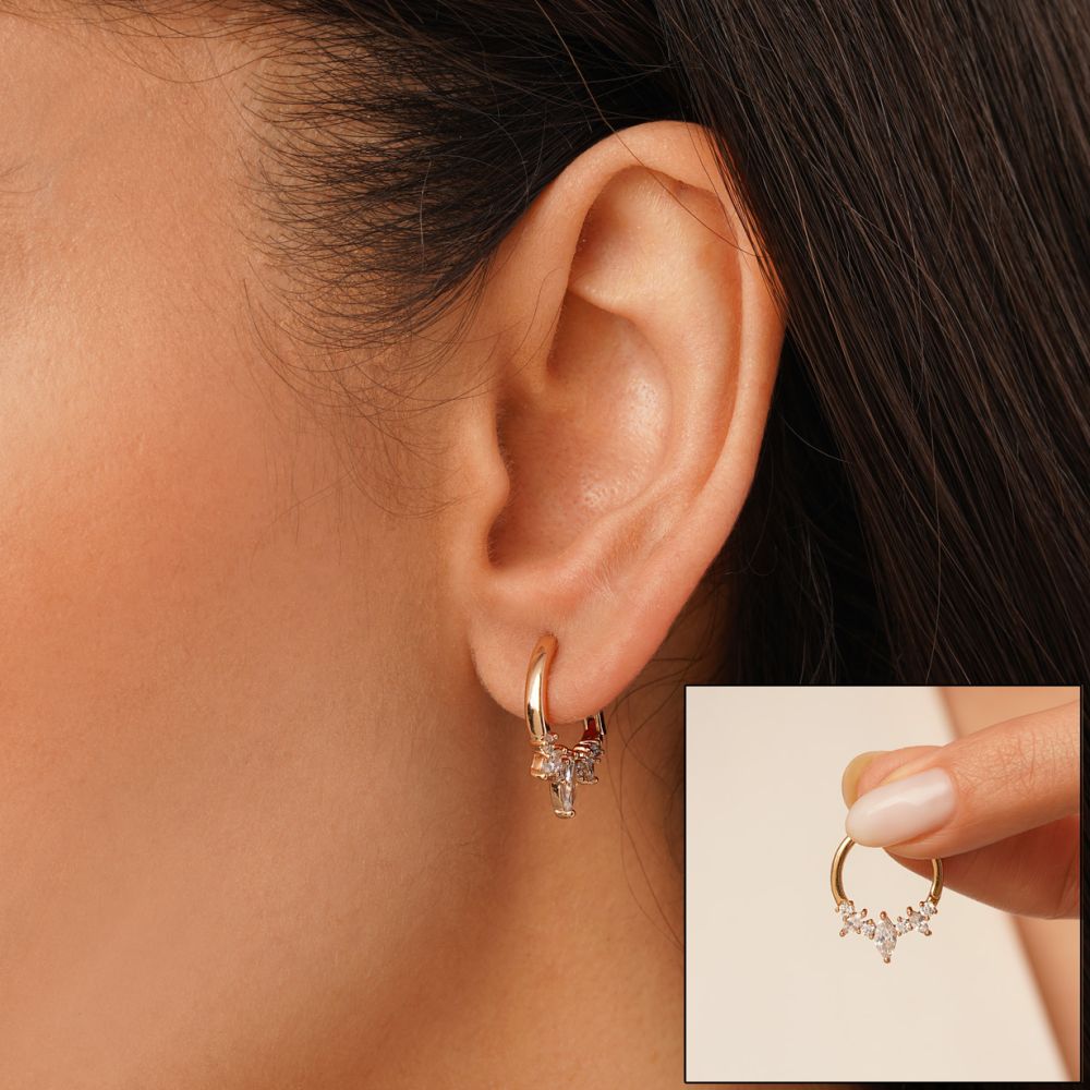 تصویر گوشواره شوپینگ حلقه ای نگین دار طلایی