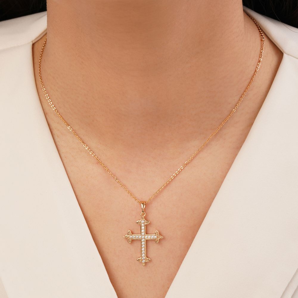 تصویر پلاک شوپینگ صلیب نگین دار طلایی