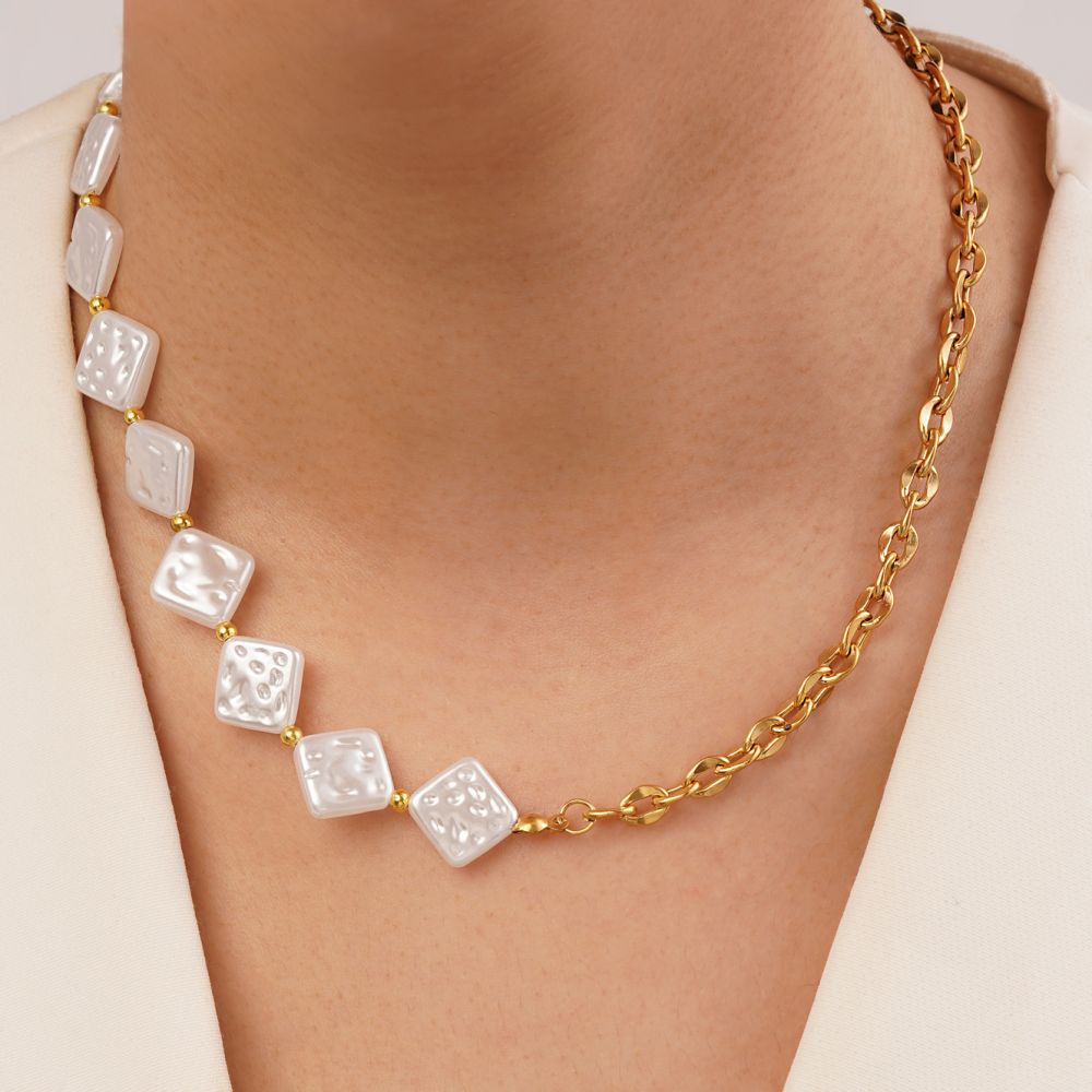 تصویر گردنبند استیل 304 مروارید مربع 