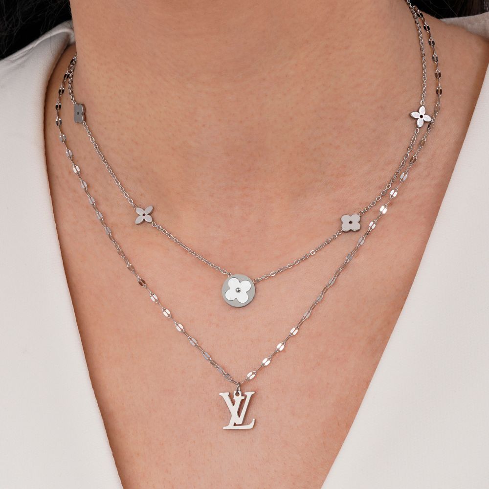 تصویر گردنبند استیل 304 چند لاین لویی ویتون سفید