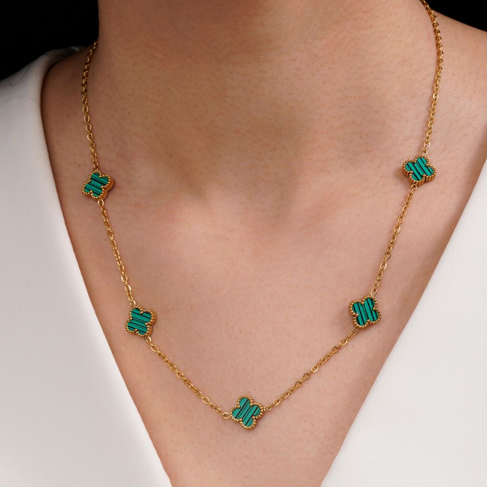 تصویر گردنبند ونکلیف سبز طلایی استیل 304