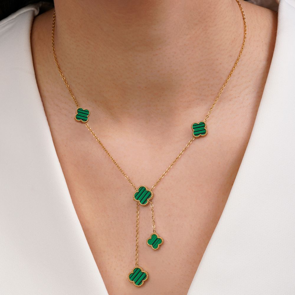 تصویر گردنبند استیل304 ونکلیف سبز آویز طلایی