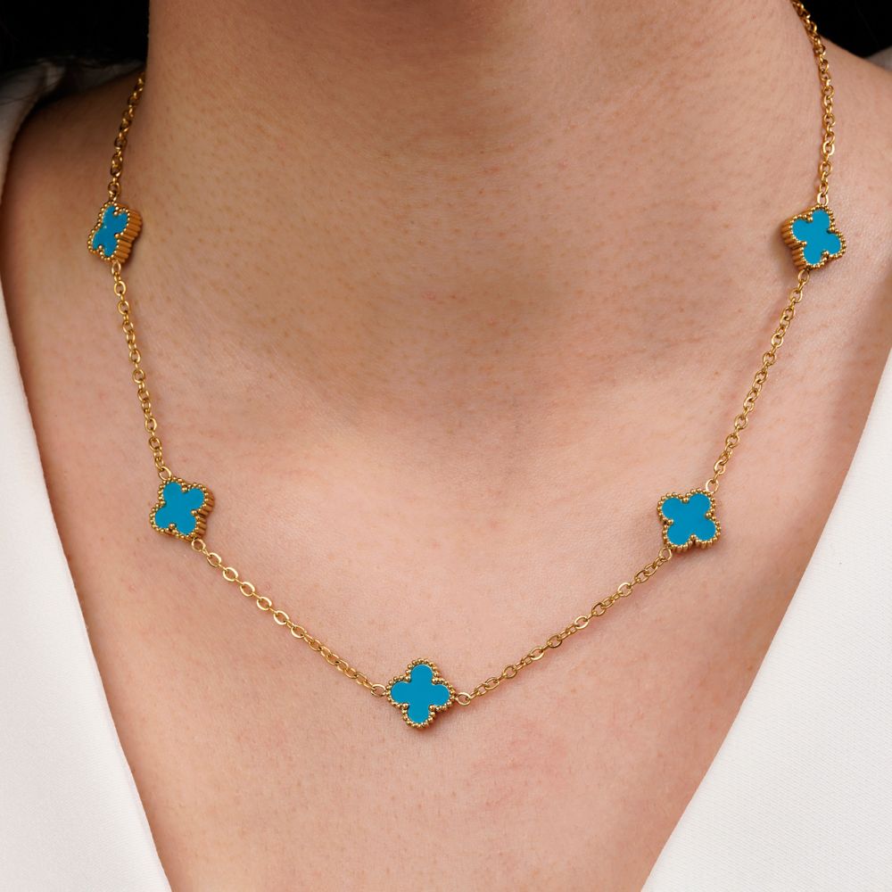 تصویر گردنبند ونکلیف آبی طلایی استیل 304