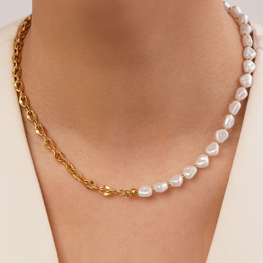 گردنبند استیل 304 مروارید مثلثی طلایی