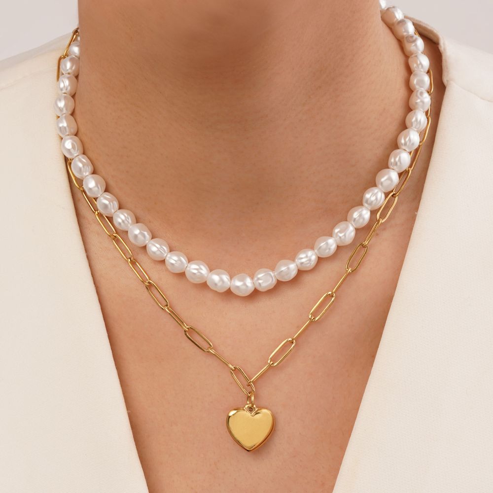 تصویر گردنبند استیل 304 قلب مرواریدی طلایی ( 2لاین)