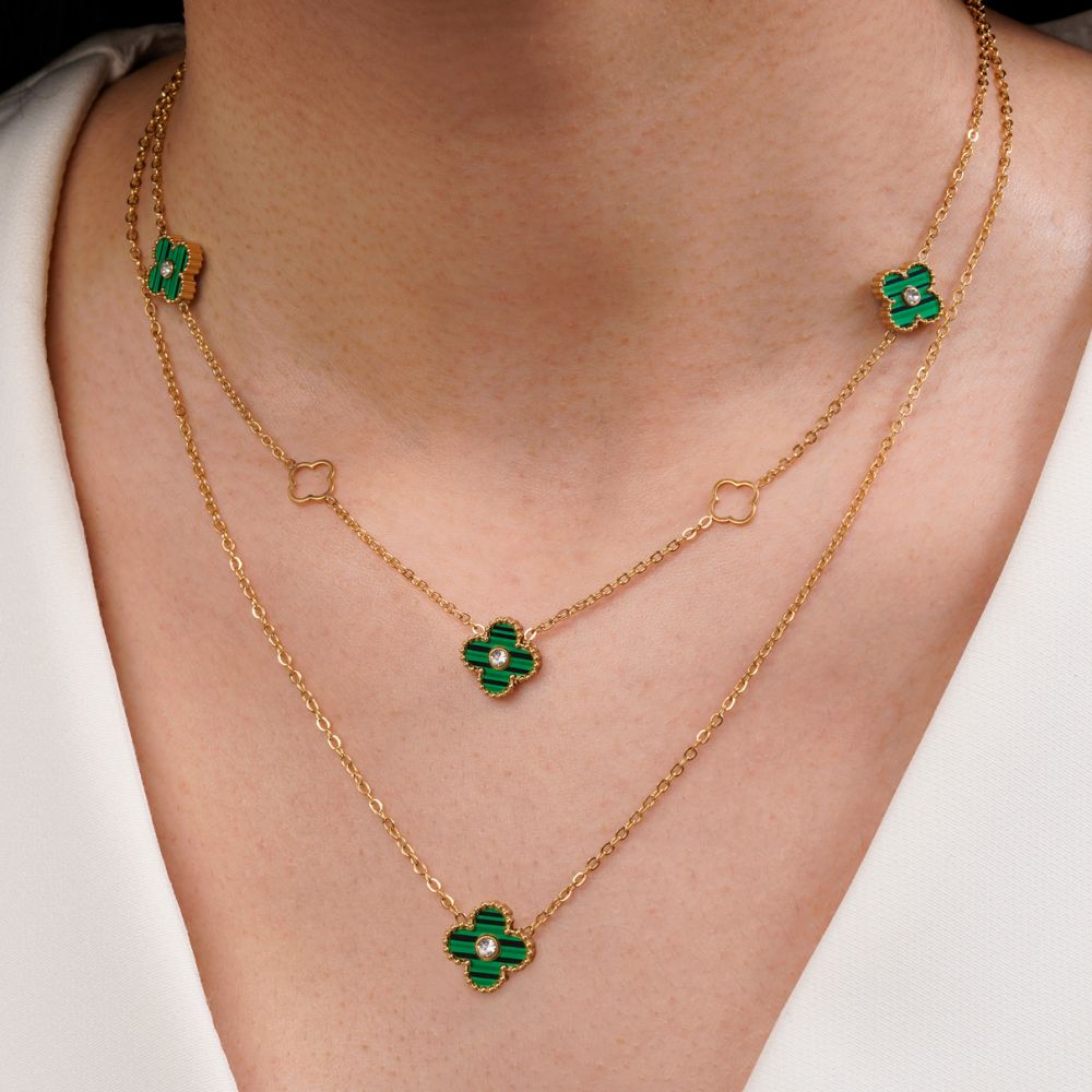 تصویر گردنبند ونکلیف چند لاین سبز طلایی استیل 304