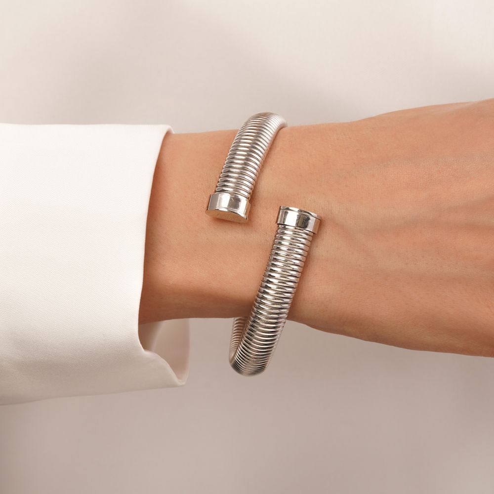 تصویر دستبند النگویی استیل 316 طرح دار سفید(فری سایز)