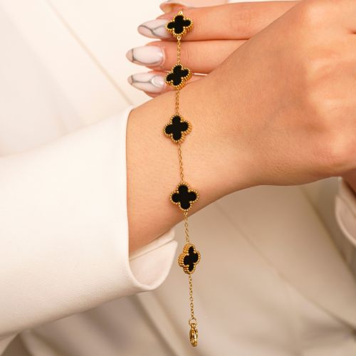 دستبند استیل304 (Van cleef) ون کلیف مشکی 13میل طلایی