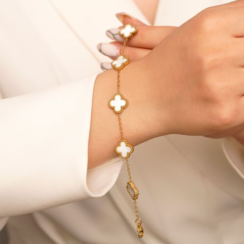 دستبند استیل304 (Van cleef) ون کلیف سفید 13میل طلایی