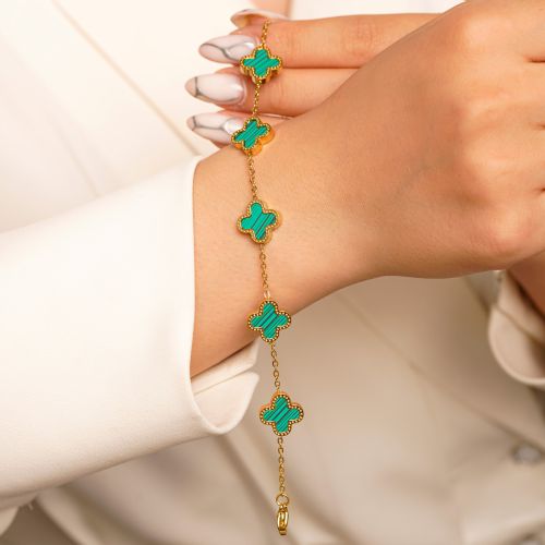 دستبند استیل304 (Van cleef) ون کلیف سبز 13میل طلایی