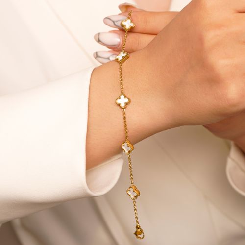 دستبند استیل304 (Van cleef) ون کلیف سفید 9 میل طلایی