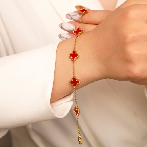 دستبند استیل304 (Van cleef) ون کلیف قرمز 11 میل طلایی