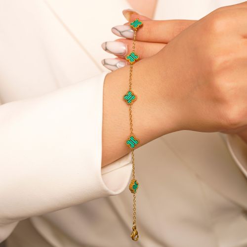 دستبند استیل304 (Van cleef) ون کلیف سبز 9 میل طلایی