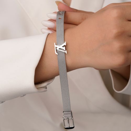 دستبند استیل304 پلاک لویی ویتون 14میل سفید