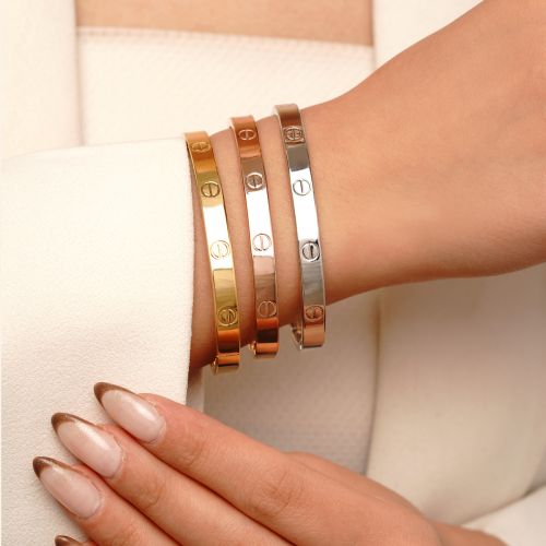 دستبند النگویی استیل 304 Cartier کارتیر 6 میل 3 رنگ (بسته3عددی)