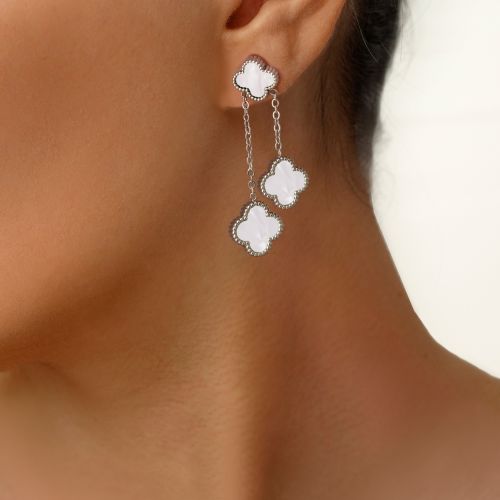 گوشواره استیل304 ونکلیف سفید آویز دار نقره ای