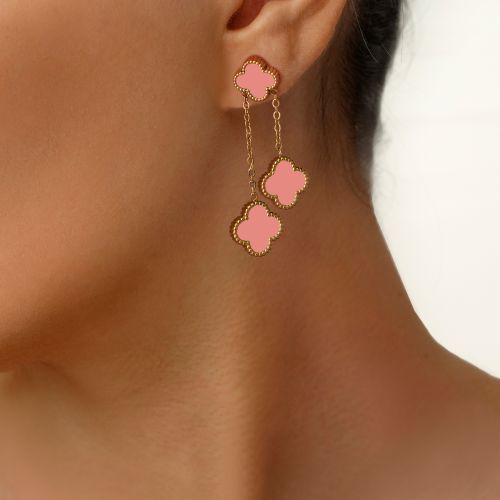 گوشواره استیل304 ونکلیف صورتی آویز دار طلایی