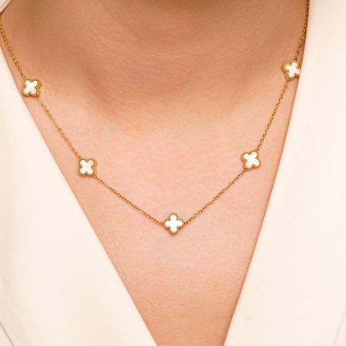 گردنبند استیل304 (Van cleef) ون کلیف سفید 9 میل طلایی