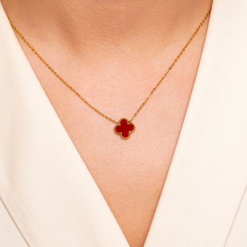 گردنبند استیل304 (Van cleef) ون کلیف قرمز 13میل طلایی(تک پلاک)