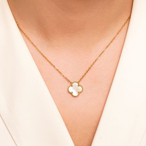 گردنبند استیل 304 ون کلیف (Van cleef) سفید 15 میل طلایی