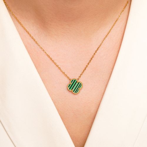 گردنبند استیل 304 ون کلیف (Van cleef) سبز 15 میل طلایی