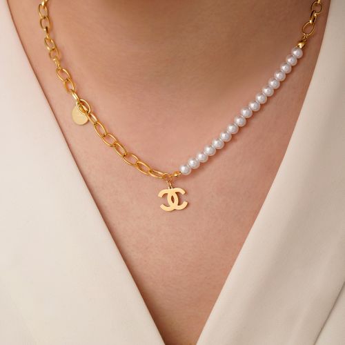 گردنبند استیل 304 شنل مرواریدی طلایی