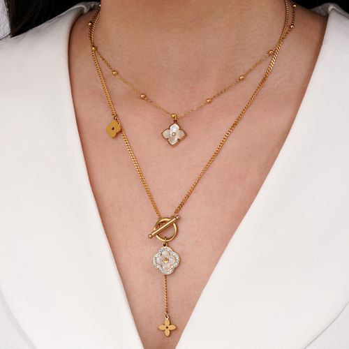 گردنبند ونکلیف سفید چند لاین استیل 304 طلایی