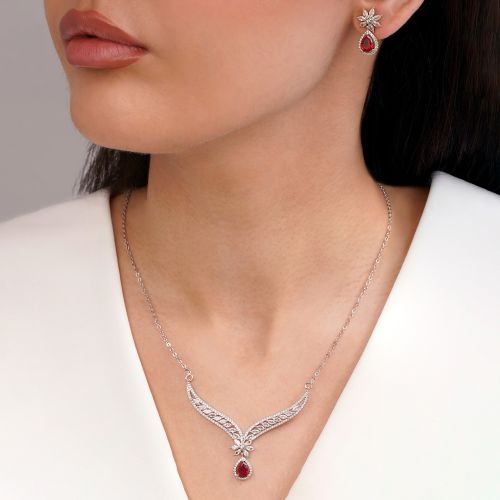 نیم ست جواهری نگین قرمز تیتانیوم نقره ای