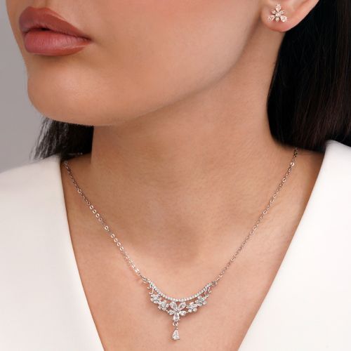 نیم ست جواهری نگین سفید تیتانیوم نقره ای