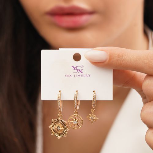 گوشواره نگین دار حلقه ای سه عددی طلایی YSX