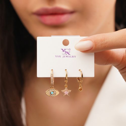 گوشواره نگین دار حلقه ای سه عددی طلایی YSX