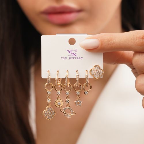 گوشواره نگین دار حلقه ای 6عددی طلایی YSX