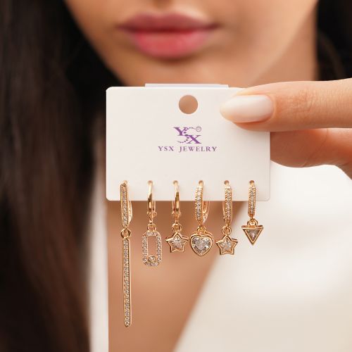 گوشواره نگین دار حلقه ای 6عددی طلایی YSX