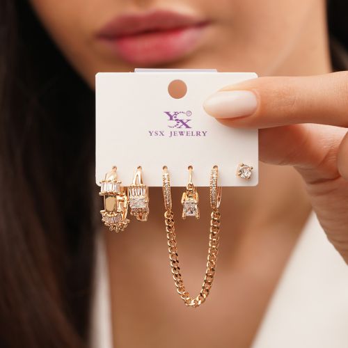 گوشواره نگین دار حلقه ای 6عددی طلایی YSX