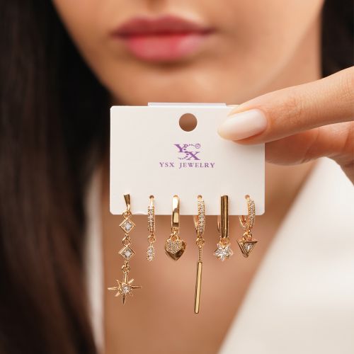 گوشواره نگین دار حلقه ای 6عددی طلایی YSX