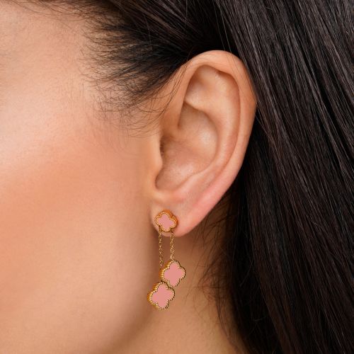 گوشواره استیل304 ونکلیف صورتی آویز دار طلایی