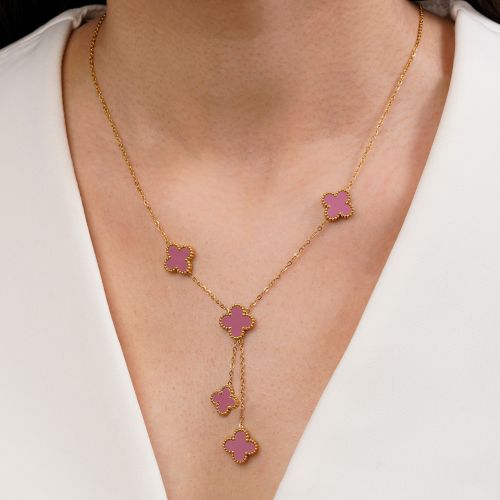 گردنبند استیل 304 ونکلیف صورتی آویزدار طلایی