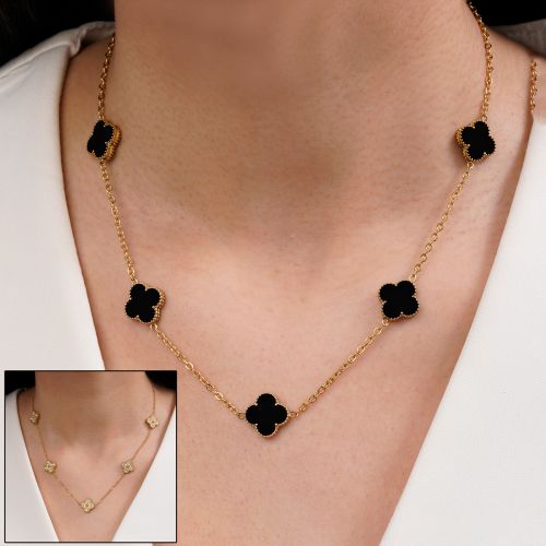 گردنبند استیل304 ونکلیف 13میل نگین دار مشکی طلایی