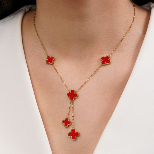 گردنبند استیل304 ونکلیف قرمز آویزدار طلایی