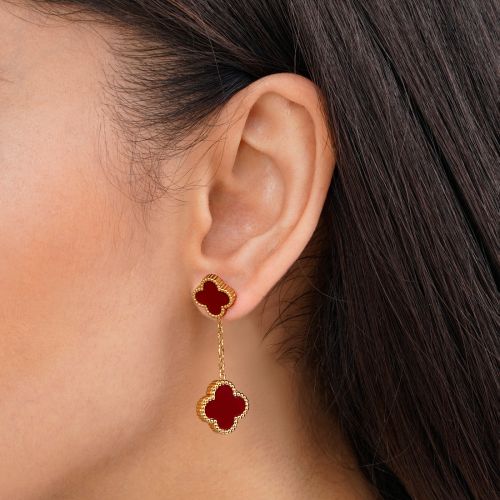 گوشواره استیل304 ونکلیف زرشکی آویز دار طلایی