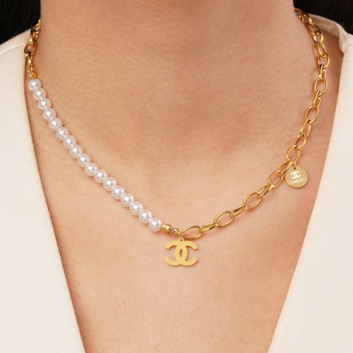 گردنبند استیل 304 شنل مرواریدی طلایی