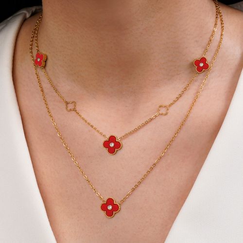 گردنبند ونکلیف چند لاین قرمز طلایی استیل 304 