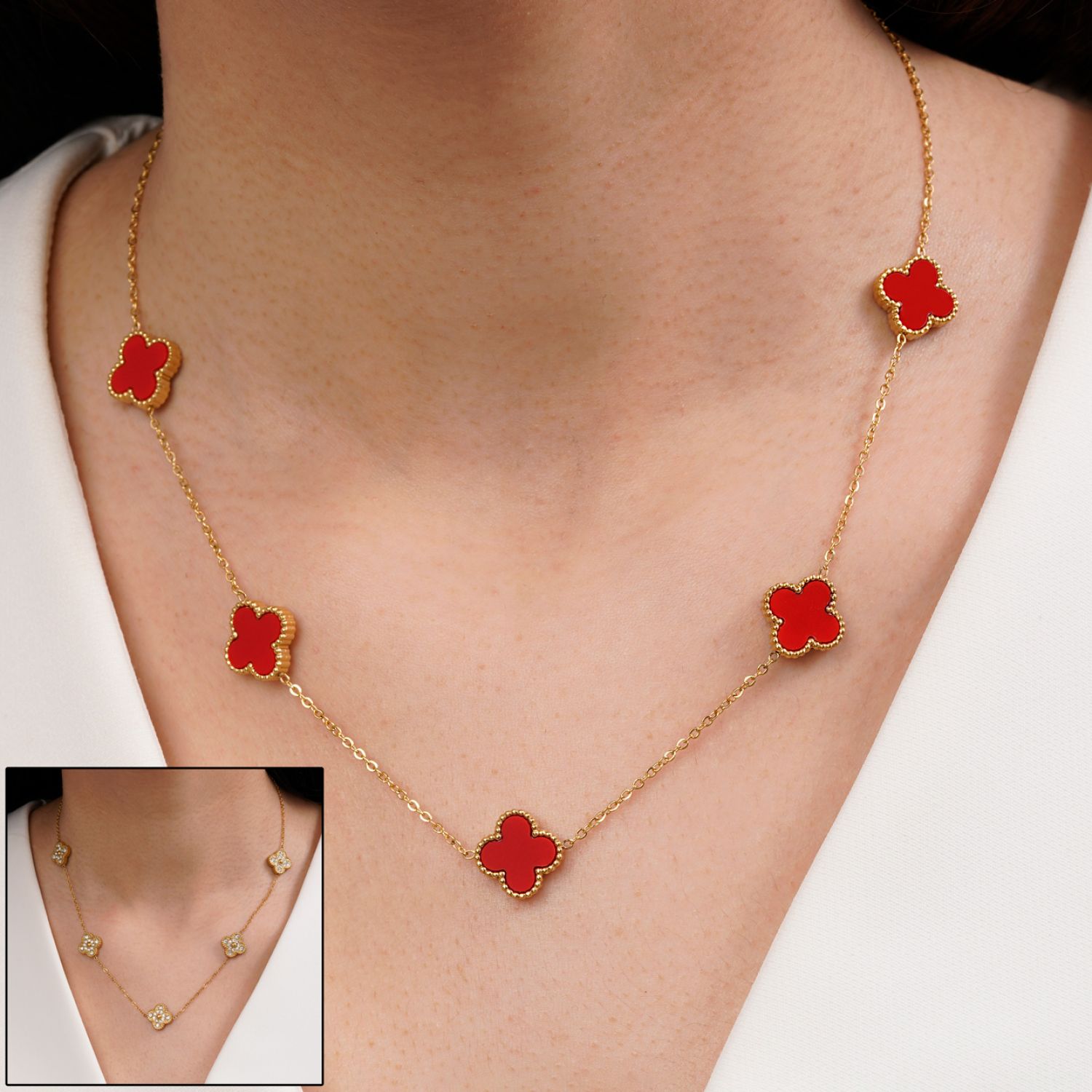 گردنبند ونکلیف نگین دار قرمز طلایی استیل 304 