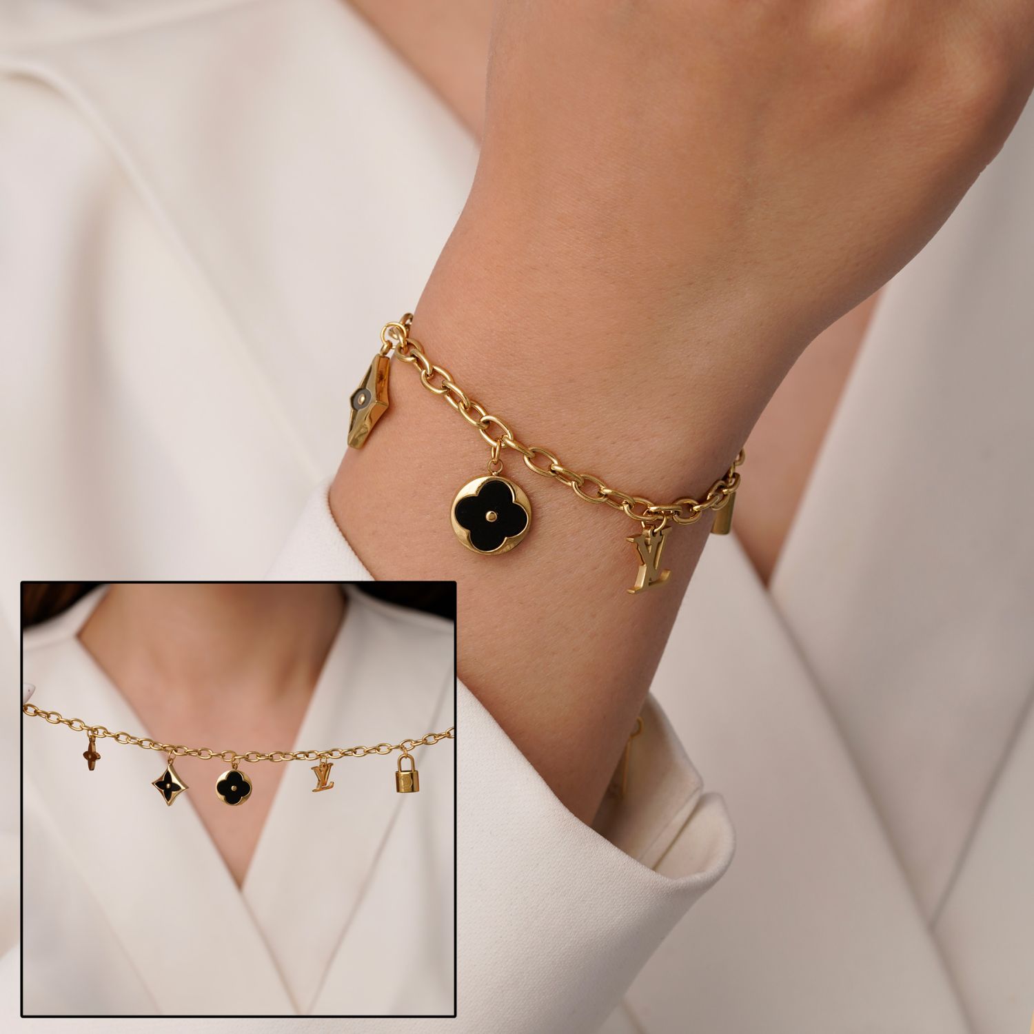 دستبند استیل 304 آویز دار لویی ویتون طلایی