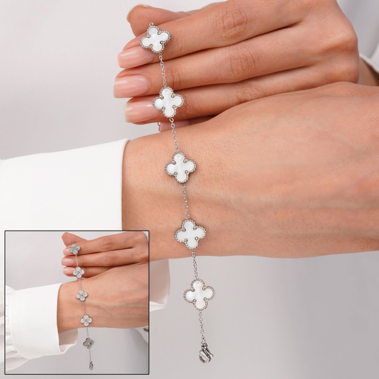 دستبند ونکلیف سفید نگین دار استیل 304 نقره ای 