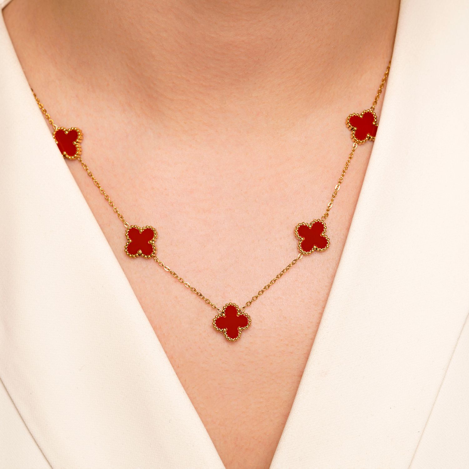 گردنبند استیل304 (Van cleef) ون کلیف قرمز 13 میل طلایی