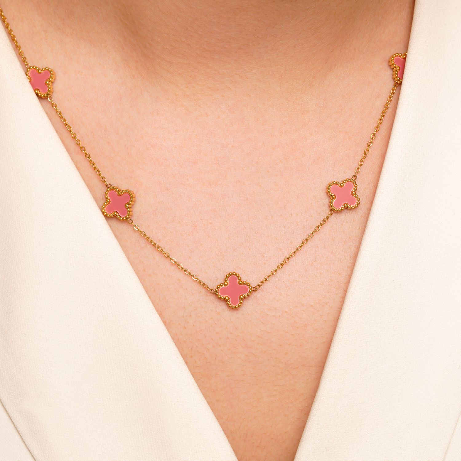 گردنبند استیل304 (Van cleef) ون کلیف صورتی 11 میل طلایی